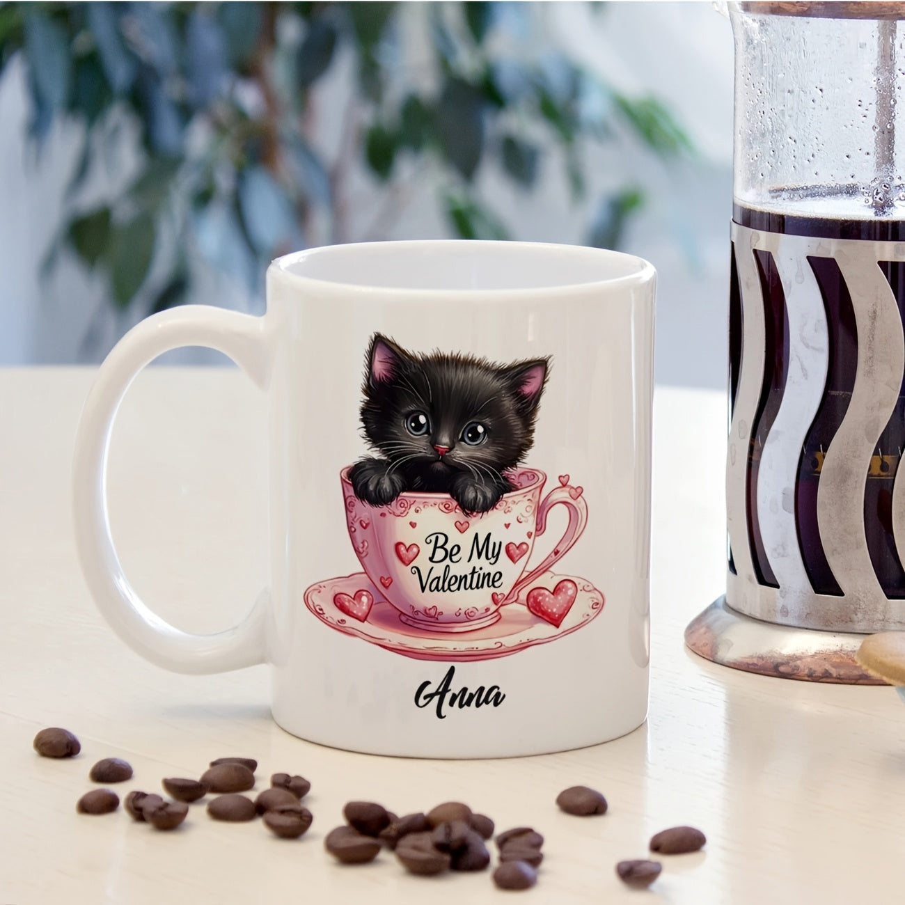 Tailorly White Ceramic 11 oz Mug - Be My Valentine Anna Adorable Small Black Animal Sitting Inside A Pink Heart Teacup Kitten
