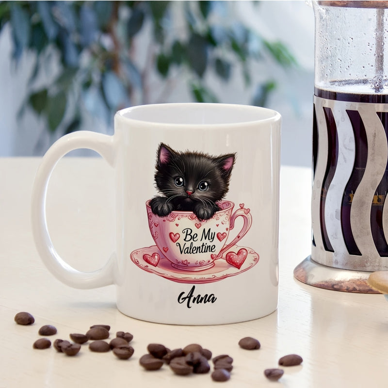 Tailorly White Ceramic 11 oz Mug - Be My Valentine Anna Adorable Small Black Animal Sitting Inside A Pink Heart Teacup Kitten