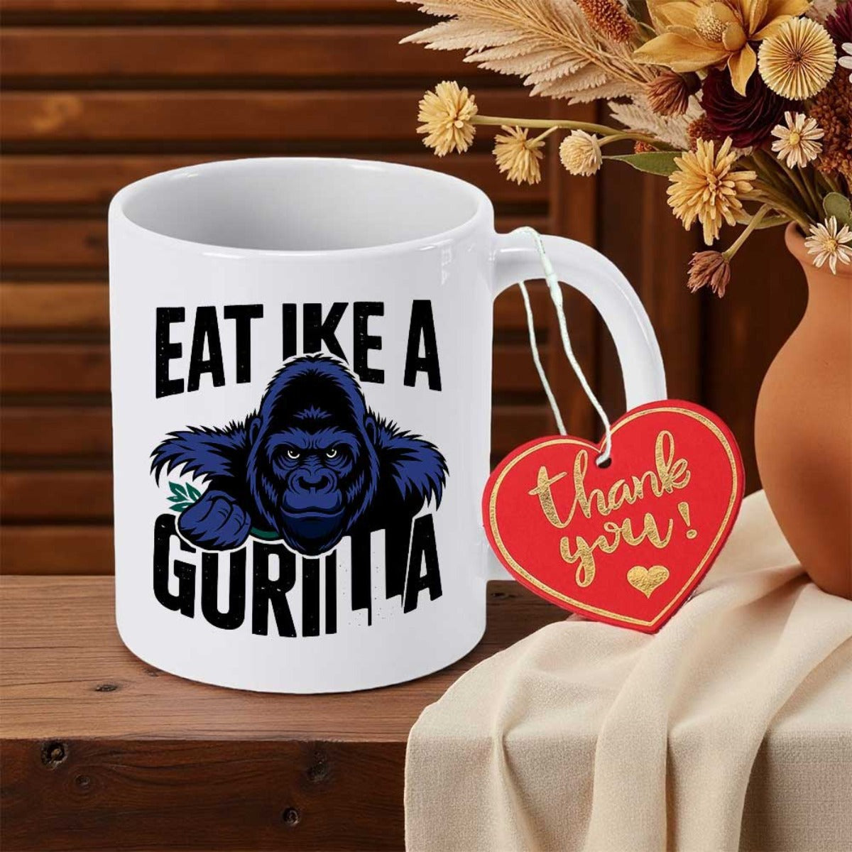 Tailorly White Ceramic 11 oz Mug - Eat Like A Gorilla Powerful Blue Furry Primate Face Among Bold Block Letters Gorilla