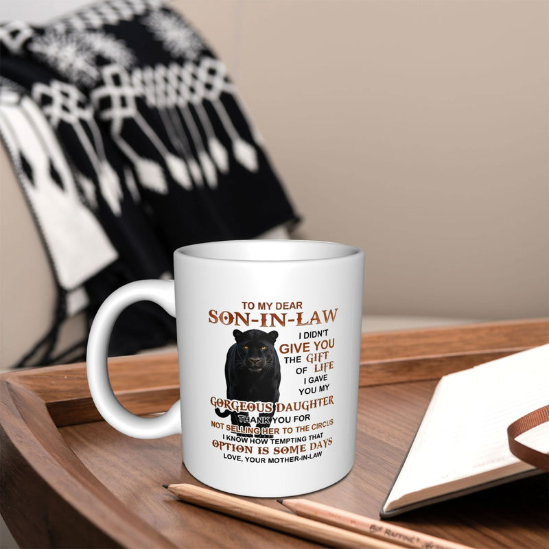 Tailorly White Ceramic 11 oz Mug - To My Dear Son In Law Powerful Black Jungle Feline Sitting Calmly With Intense Focused Gaze Panther