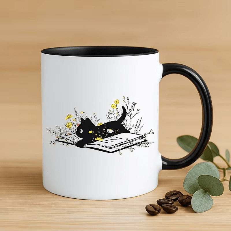Tailorly Black Accent 11 oz Mug - black cat lounging， surrounded by yellow flowers