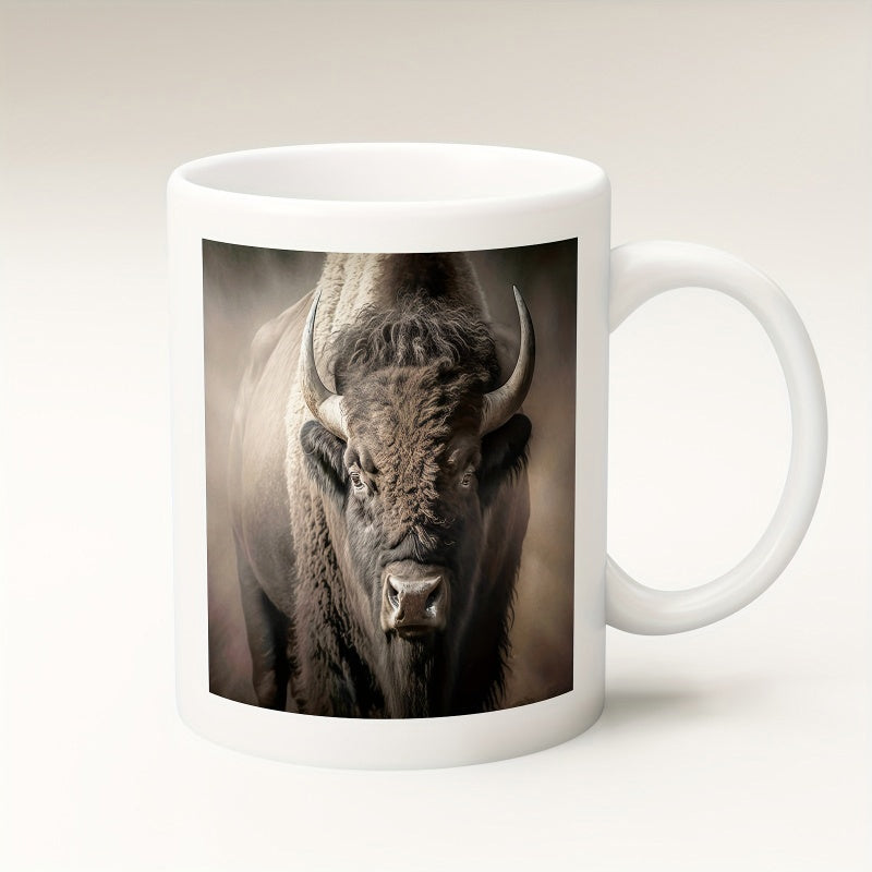 Tailorly White Ceramic 11 oz Mug - Majestic Wildlife Portrait Featuring A Powerful Creature Within Misty Natural Shadows Bison