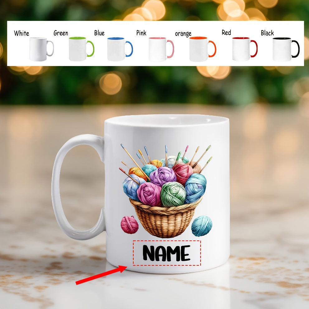 Tailorly White Ceramic 11 oz Mug - Name Colorful Knitting Yarn Balls Inside A Rustic Woven Wicker Basket