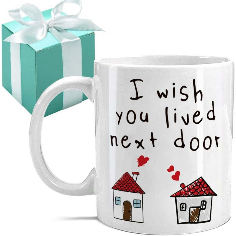 Tailorly White Ceramic 11 oz Mug - I Wish You Lived Next Door Hand Drawn Houses With Red Roofs And Floating Hearts Mug