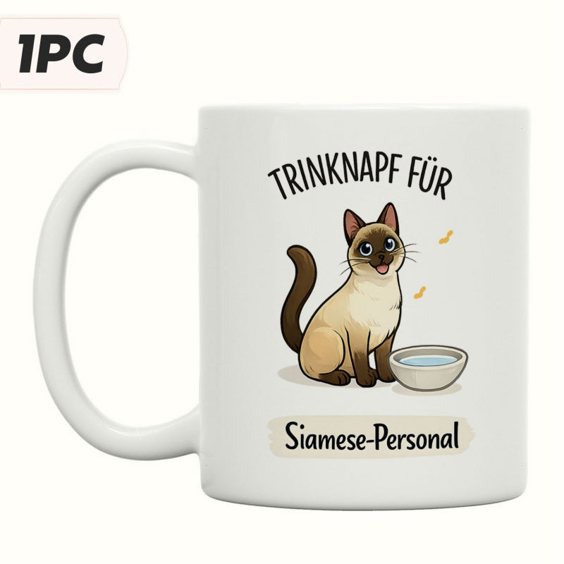 Tailorly White Ceramic 11 oz Mug - Siamese Personal Adorable Hand Drawn Cartoon Feline Resting Beside Drinking Water Bowl Cat