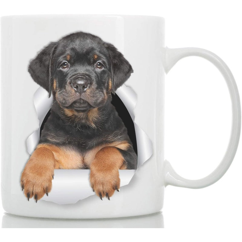 Tailorly White Ceramic 11 oz Mug - Adorable Black And Tan Puppy Peeking Through A Torn Paper Hole Dog