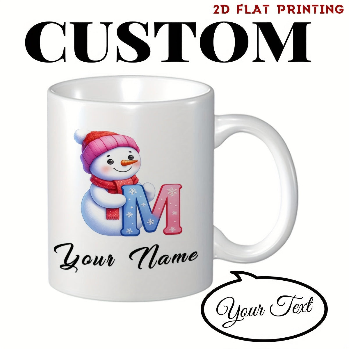 Tailorly White Ceramic 11 oz Mug - Your Name Adorable Winter Character Wearing Pink Hat And Red Scarf Holding Letter Snowman