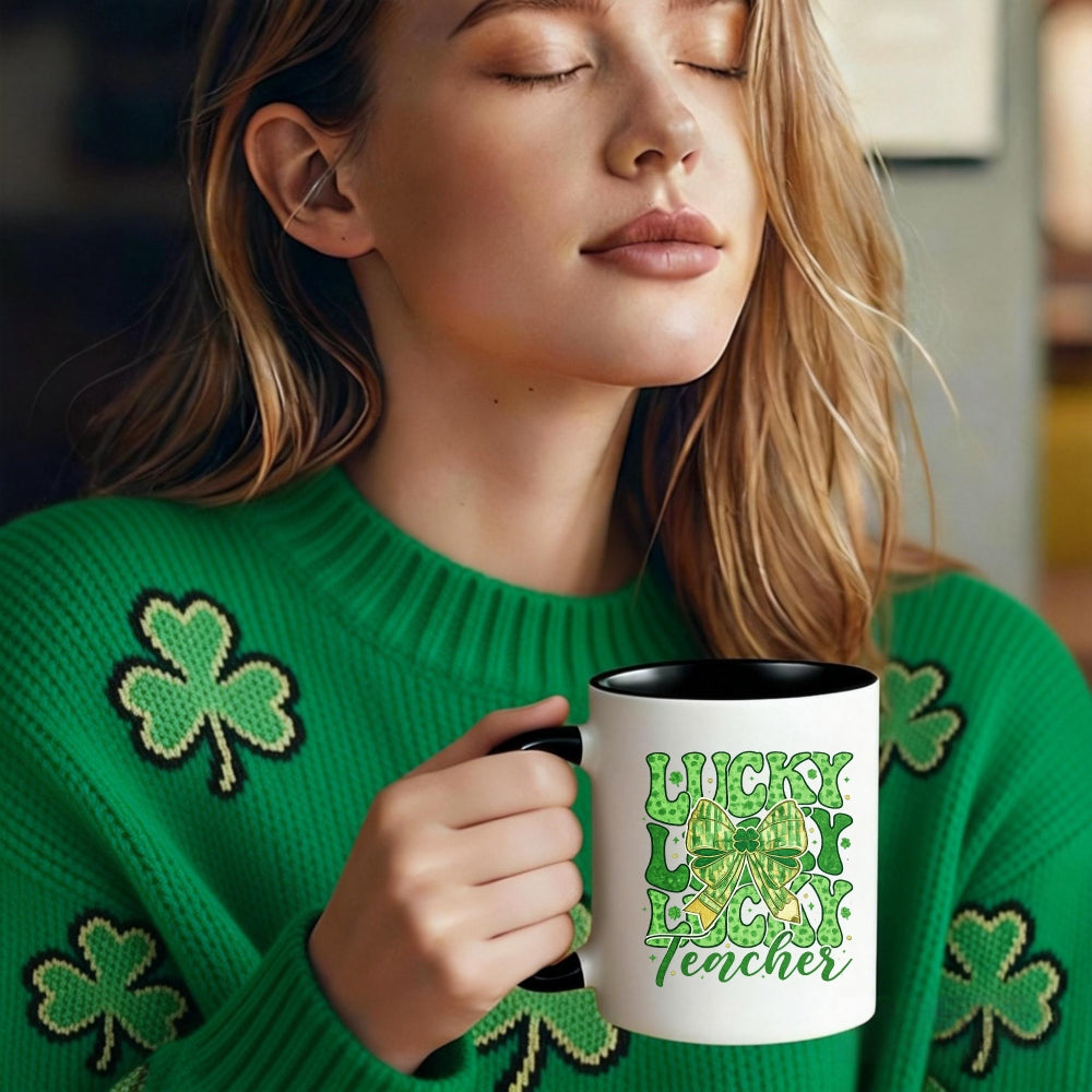 Tailorly Black Accent 11 oz Mug - teacher with shamrock pattern