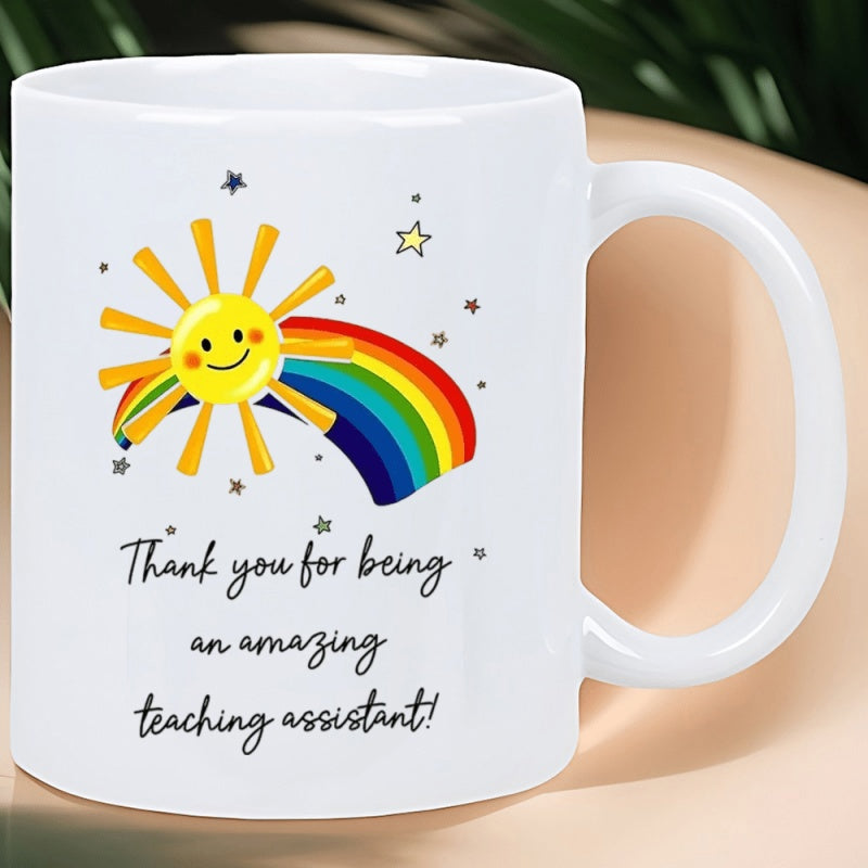 Tailorly White Ceramic 11 oz Mug - Thank You For Being An Amazing Teaching Assistant Happy Smiling Rainbow Shining Brightly Under Twinkling Little Stars Sun