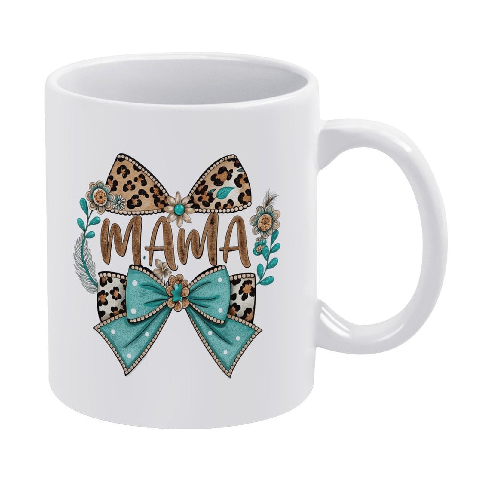Tailorly White Ceramic 11 oz Mug - Mama Stylish Leopard Pattern Paired With Turquoise Accents And Floral Bow