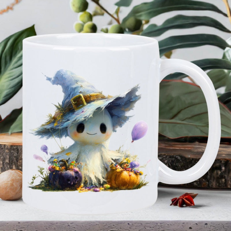 Tailorly White Ceramic 11 oz Mug - Magical Little Being Wearing Blue Wizard Hat Among Autumn Harvest Pumpkins Ghost