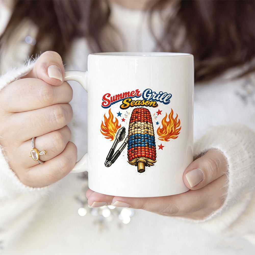 Tailorly White Ceramic 11 oz Mug - Summer Grill Season American Flag Themed Grilled Corn Flaming Beside Metal Tongs Corn