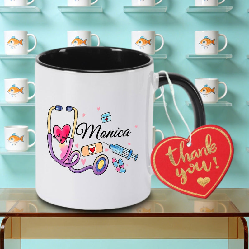 Tailorly Black Accent 11 oz Mug - Stethoscope and Symbol Patterns Logo