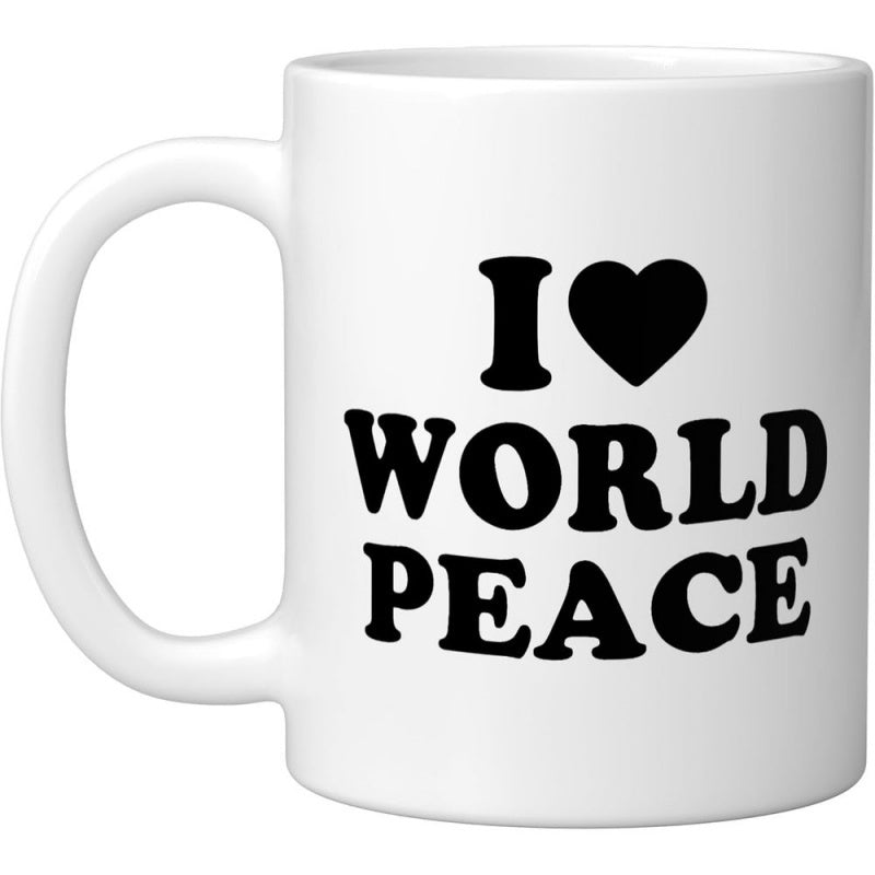 Tailorly White Ceramic 11 oz Mug - I World Peace Minimalist Black Heart Symbol Centered Above Bold Decorative San Serif Mug