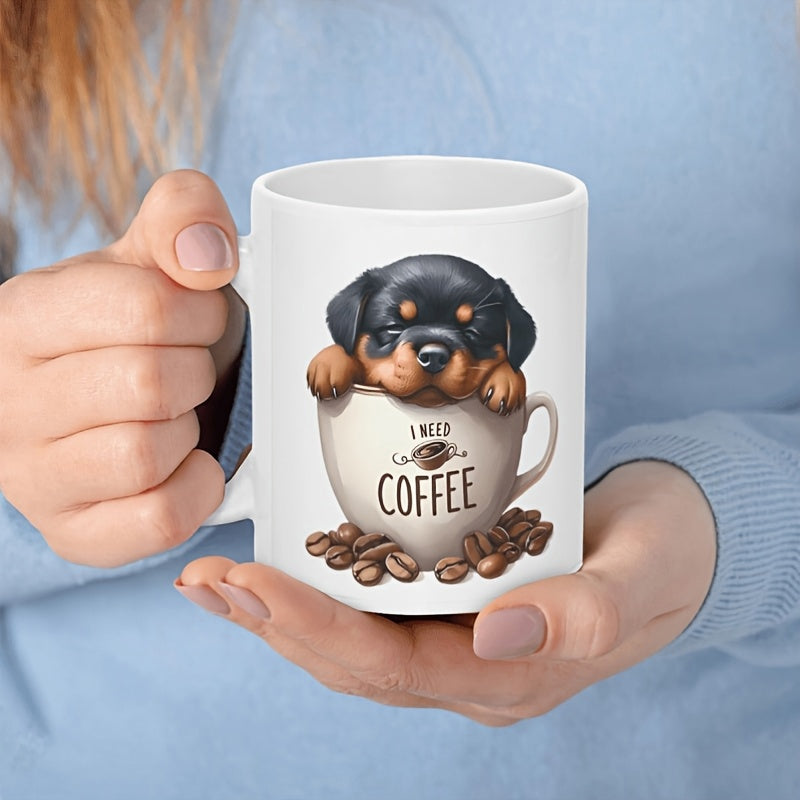 Tailorly White Ceramic 11 oz Mug - I Need Coffee Adorable Rottweiler Puppy Sitting Inside A Tiny Cup Featuring Coffee Beans Rottweiler
