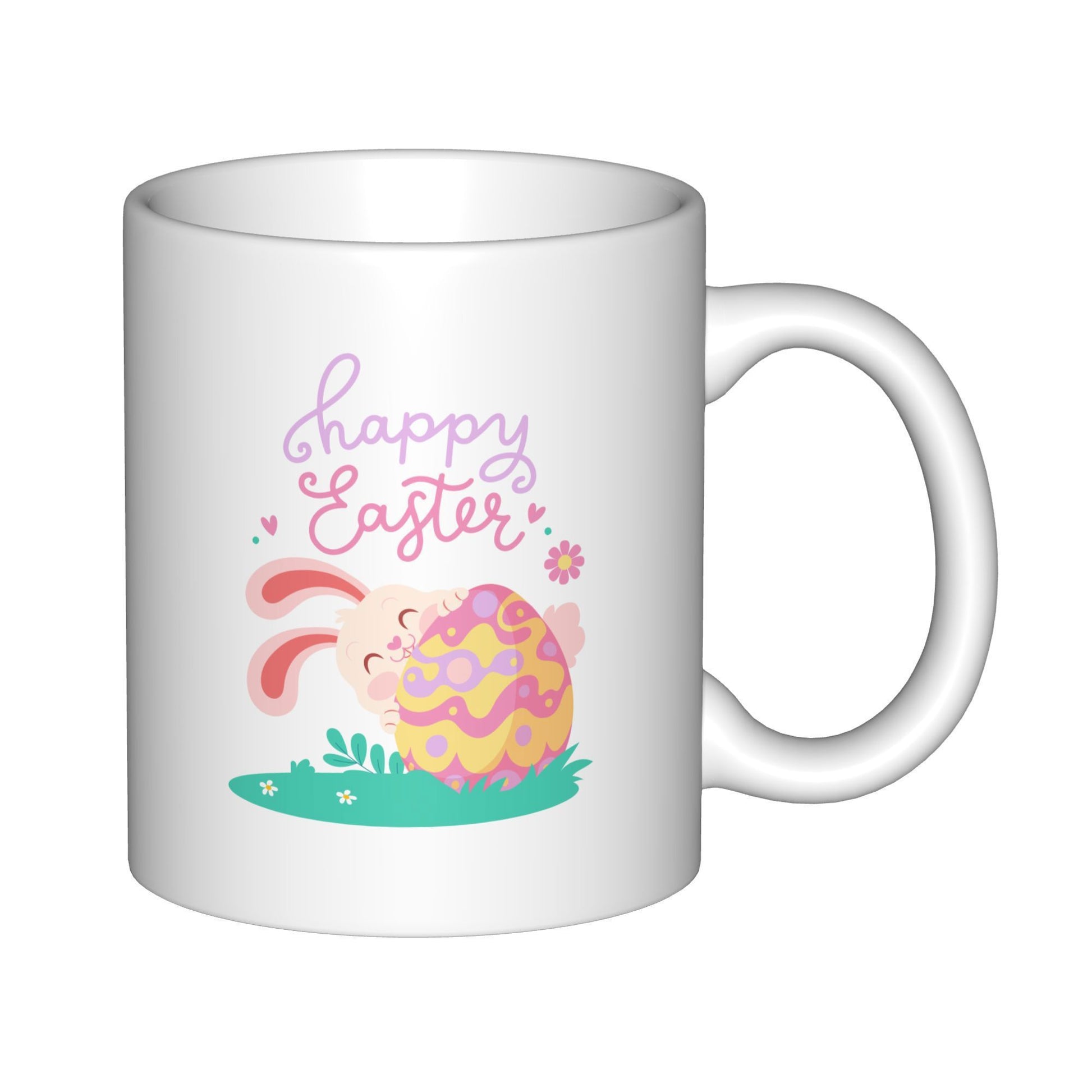 Tailorly White Ceramic 11 oz Mug - Happy Easter Cute Cartoon Bunny Peeking Behind A Colorful Patterned Holiday Egg Rabbit