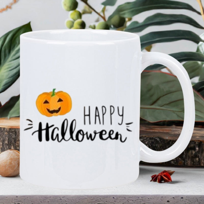 Tailorly White Ceramic 11 oz Mug - Happy Halloween Smiling Orange Jack O Lantern Under Playful Hand Lettered Script Pumpkin