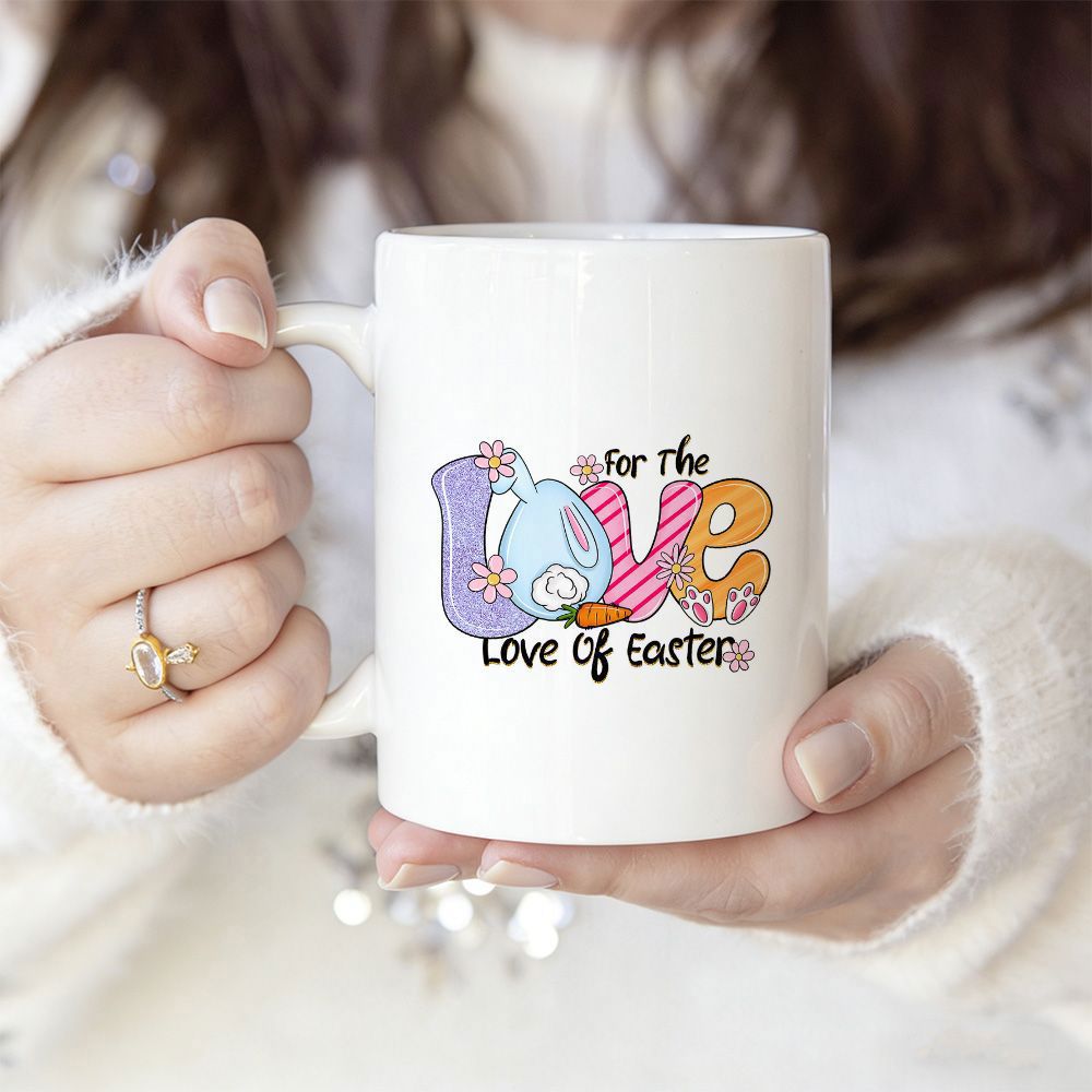 Tailorly White Ceramic 11 oz Mug - For The Love Of Easter Colorful Retro Bubble Letters Decorated With Spring Flowers And Carrot Bunny