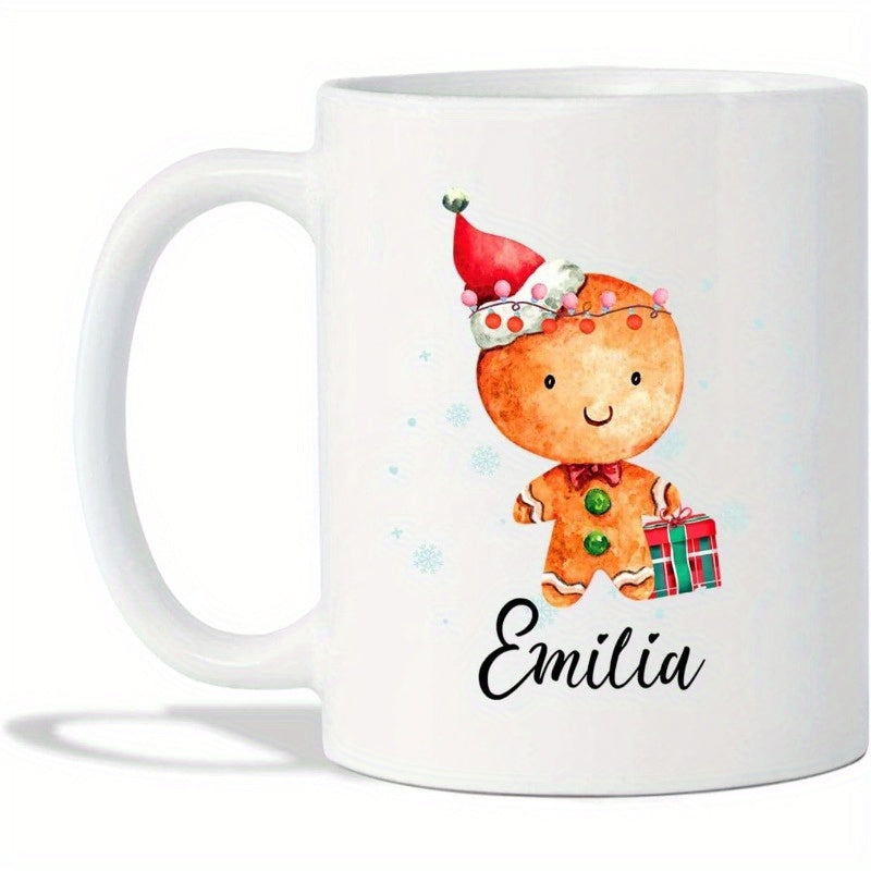 Tailorly White Ceramic 11 oz Mug - Emilia Festive Watercolor Character With A Tiny Red Santa Hat Smiling Gingerbread Man