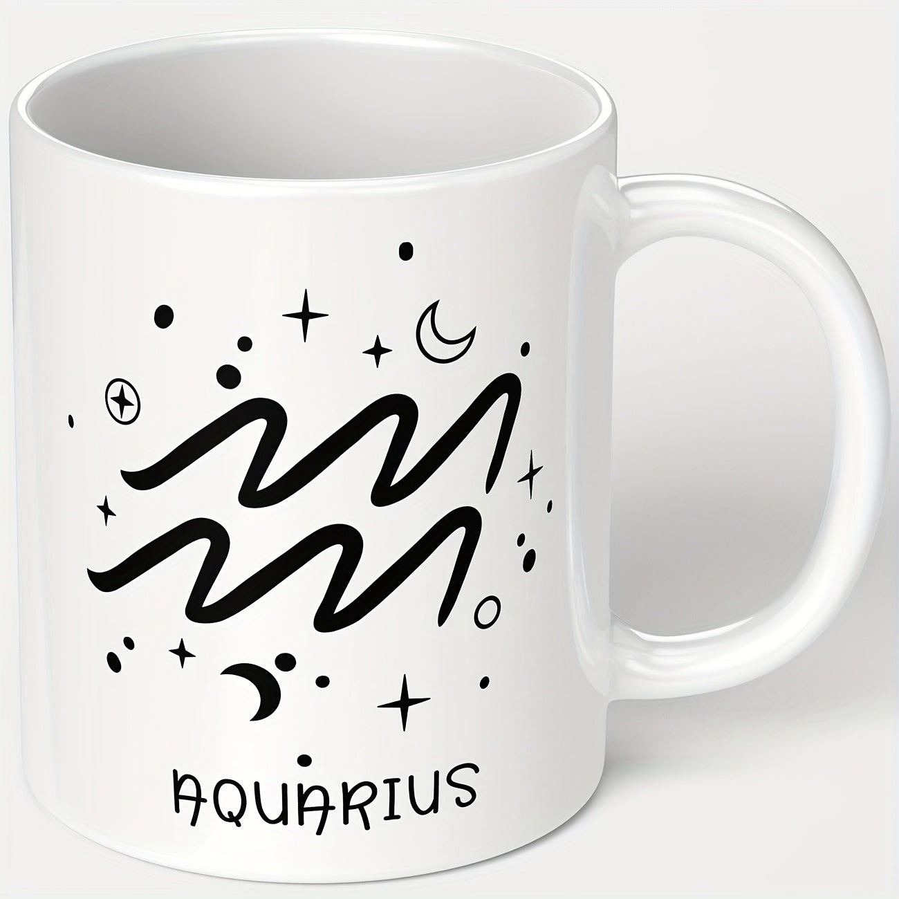Tailorly White Ceramic 11 oz Mug - Aquarius Minimalist Black Celestial Pattern With Sparkling Stars And Crescent Moons Sign
