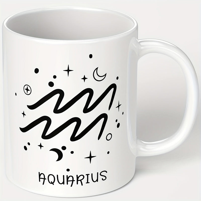 Tailorly White Ceramic 11 oz Mug - Aquarius Minimalist Black Celestial Pattern With Sparkling Stars And Crescent Moons Sign
