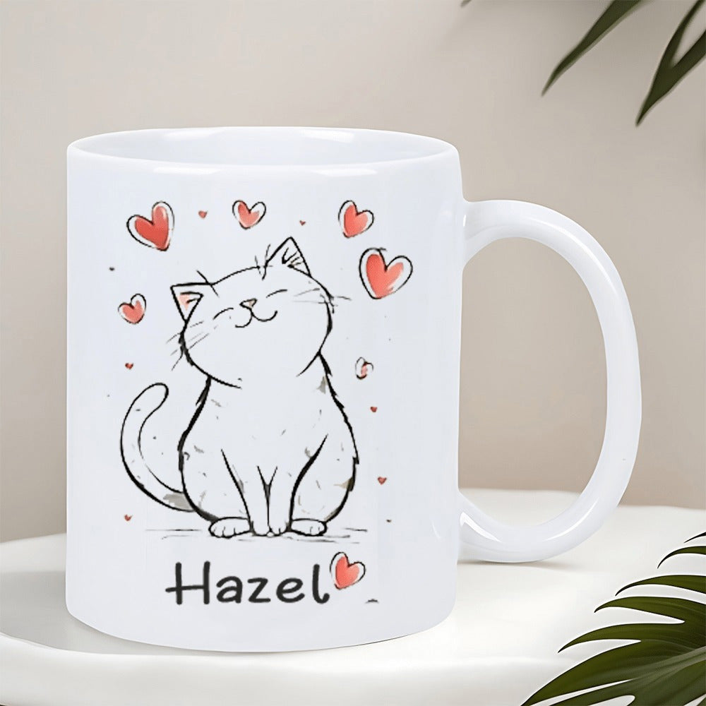 Tailorly White Ceramic 11 oz Mug - Hazel Adorable Smiling Cartoon Kitten Surrounded By Floating Red Hearts Cat