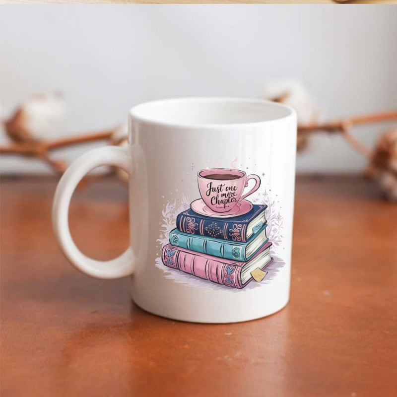Tailorly White Ceramic 11 oz Mug - Just One More Chapter Artistic Pink Teacup Resting Atop A Vintage Stacked Books