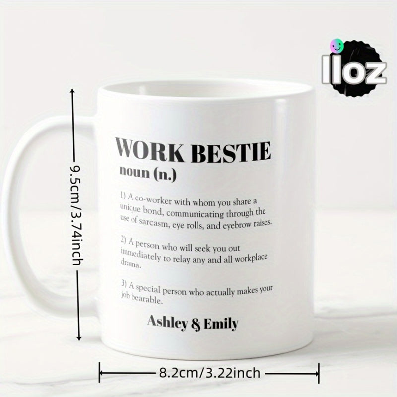 Tailorly White Ceramic 11 oz Mug - Work Bestie Ashley Emily Sleek Showcasing Stylish Black Printed Typography Text Mug