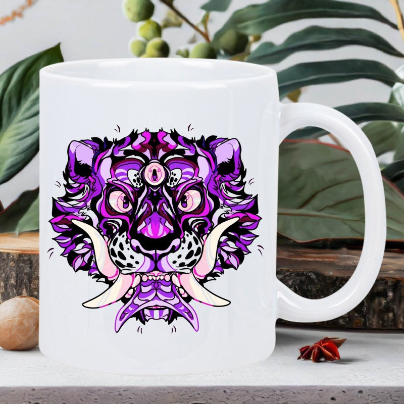 Tailorly White Ceramic 11 oz Mug - Symmetrical Vibrant Purple And Pink Patterned Fantasy Feline With Large White Tusks Tiger