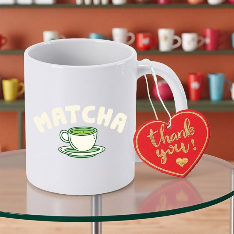 Tailorly White Ceramic 11 oz Mug - Matcha Thank You Minimalist Green Tea Illustration Featuring A Saucer And Steaming Cup