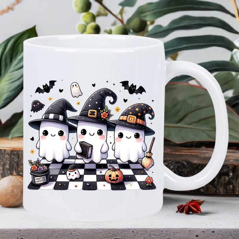 Tailorly White Ceramic 11 oz Mug - Adorable Cartoon Halloween Spirits Wearing Witch Hats On Checkered Pattern Ghost