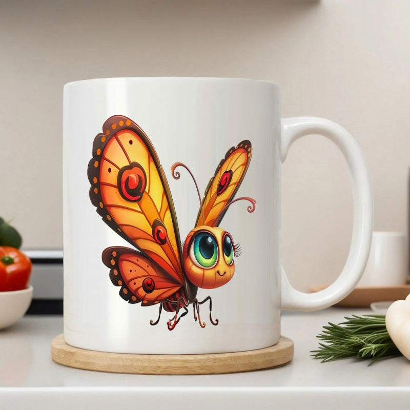 Tailorly White Ceramic 11 oz Mug - Cute Cartoon Character Featuring Vibrant Orange Patterned Wings And Large Eyes Butterfly