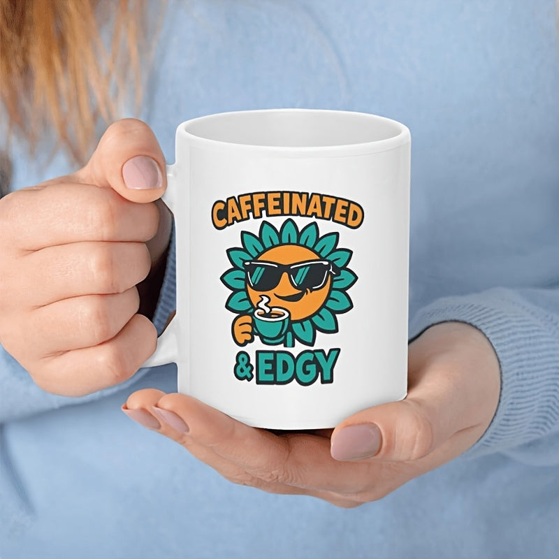 Tailorly White Ceramic 11 oz Mug - Caffeinated Edgy Vibrant Smiling Cartoon Character Wearing Dark Sunglasses Holding Hot Beverage Sunflower