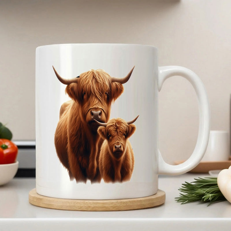Tailorly White Ceramic 11 oz Mug - Shaggy Brown Fur Highland Cattle Adult And Calf Standing Together Highland Cow
