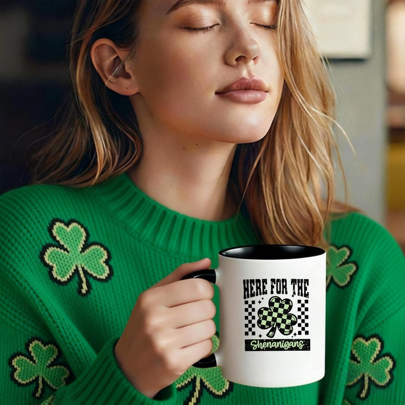 Tailorly Black Accent 11 oz Mug - clover and checkerboard pattern