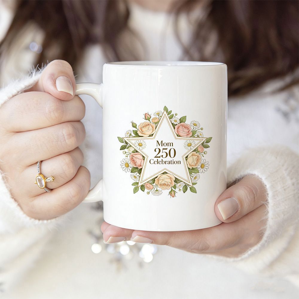 Tailorly White Ceramic 11 oz Mug - Mom 250 Celebration Floral Wreath With Elegant Roses Surrounding A Golden Bordered Celestial Star