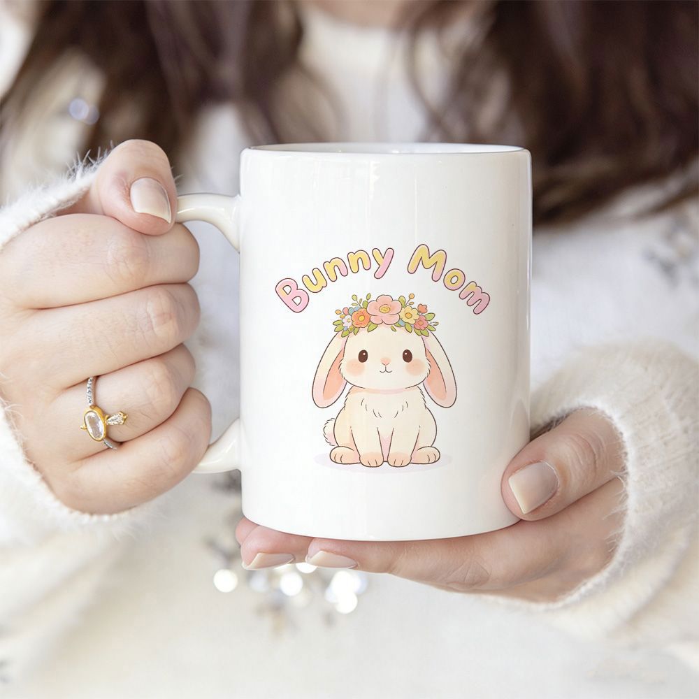 Tailorly White Ceramic 11 oz Mug - Bunny Mom Adorable Creature Wearing Vibrant Floral Crown Sitting In Peaceful White Background Rabbit