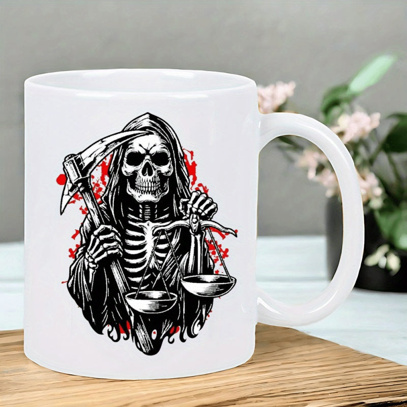 Tailorly White Ceramic 11 oz Mug - Hooded Skeleton Holding Sharp Scythe And Balancing Scales Of Justice Reaper