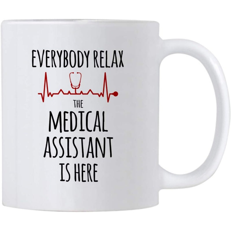 Tailorly White Ceramic 11 oz Mug - Everybody Relax The Medical Assistant Is Here Minimalist Red Heartbeat Pulse Line Integrated With Health Equipment Stethoscope
