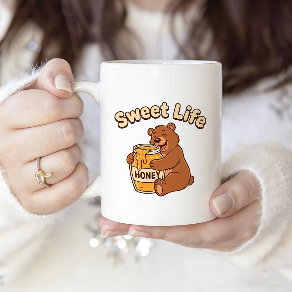 Tailorly White Ceramic 11 oz Mug - Sweet Life Honey Adorable Brown Bear Hugging A Golden Jar Full Of Delicious Honey Bear