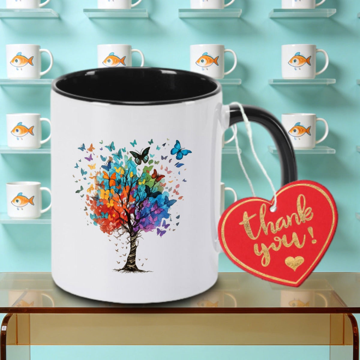 Tailorly Black Accent 11 oz Mug - Trees and butterflies logo