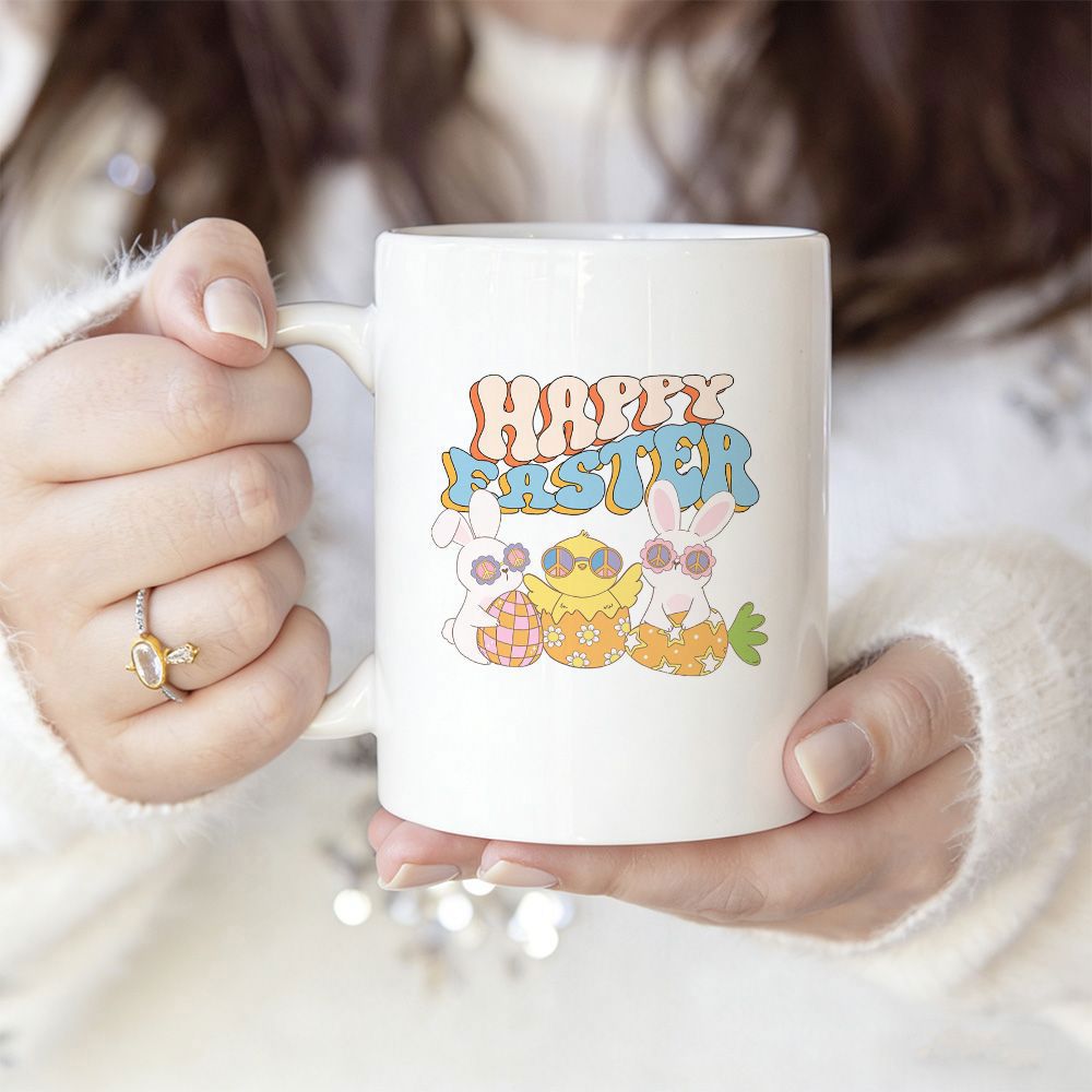 Tailorly White Ceramic 11 oz Mug - Happy Easter Retro Groovy Bunnies And A Chick Wearing Sunglasses Among Festive Eggs Mug