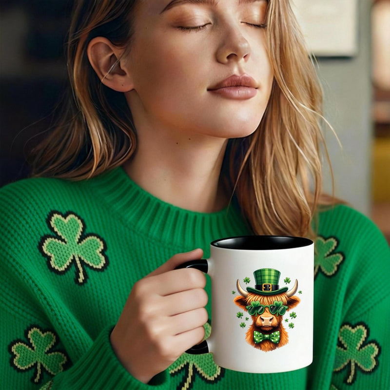 Tailorly Black Accent 11 oz Mug - cow with hat bow tie shamrock