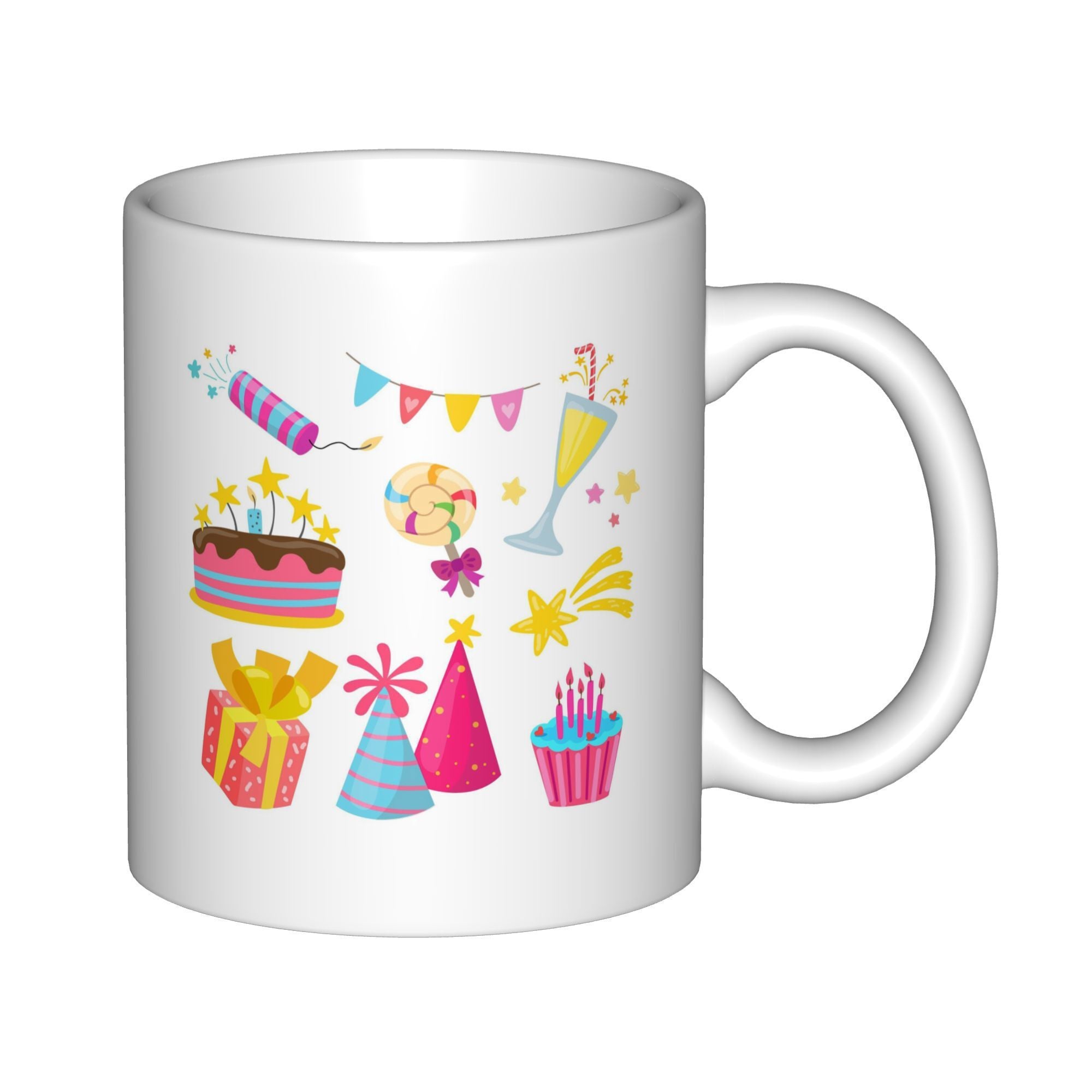 Tailorly White Ceramic 11 oz Mug - Colorful Festive Celebration Elements With Birthday Cake And Party Hats Mug