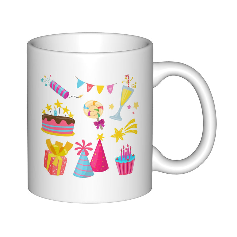 Tailorly White Ceramic 11 oz Mug - Colorful Festive Celebration Elements With Birthday Cake And Party Hats Mug