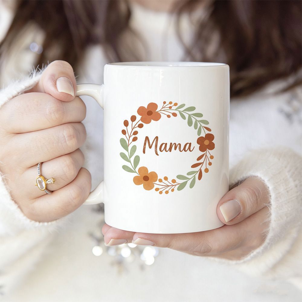 Tailorly White Ceramic 11 oz Mug - Mama Delicate Floral Wreath With Earthy Toned Blossoms And Elegant Green Leaves Mug