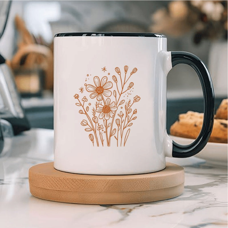 Tailorly Black Accent 11 oz Mug - beige and brown floral rose-like bouquet daisy lilac