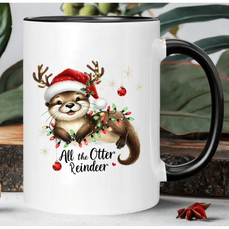 Tailorly Black Accent 11 oz Mug - otter wearing santa hat