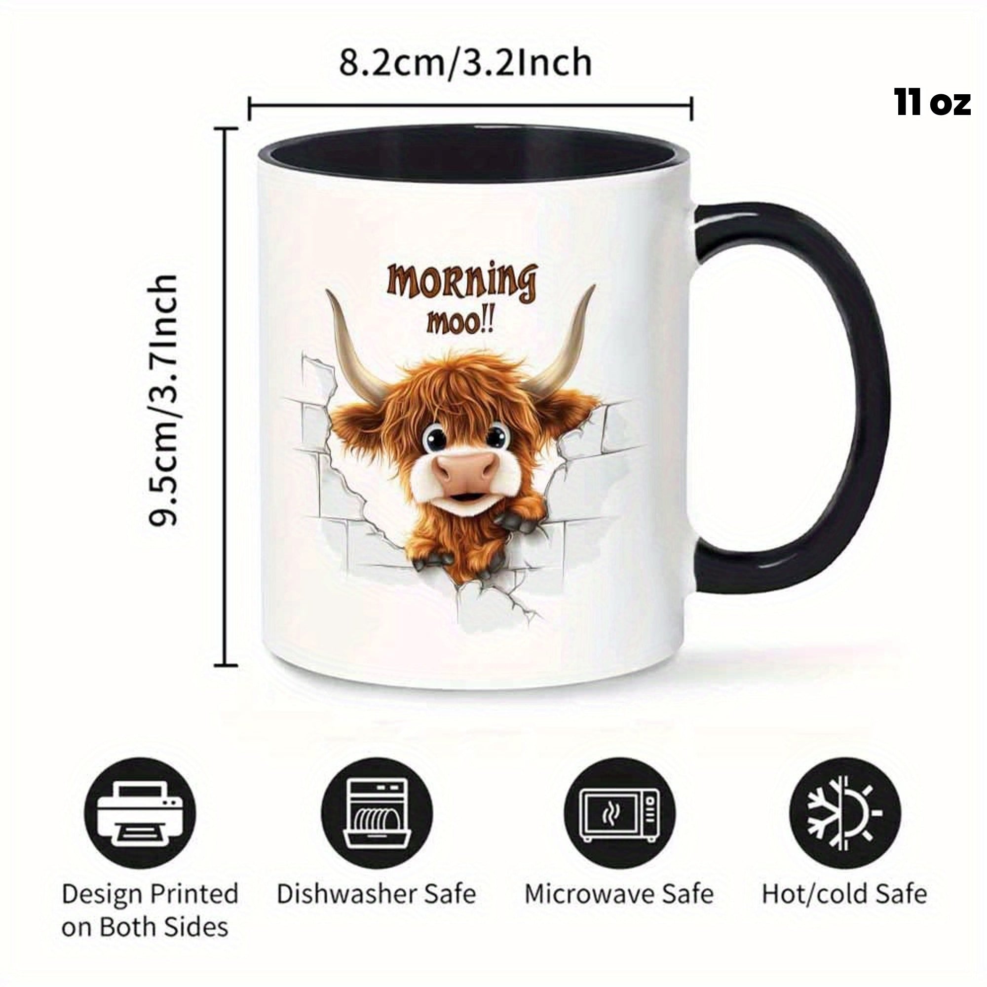 Tailorly Black Accent 11 oz Mug - highland cow illustration with "moo" text