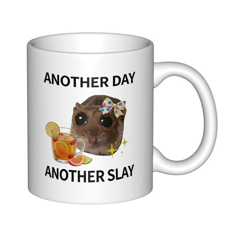 Tailorly White Ceramic 11 oz Mug - Another Day Another Slay Adorable Small Creature With Bow Beside Refreshing Iced Fruit Tea Hamster